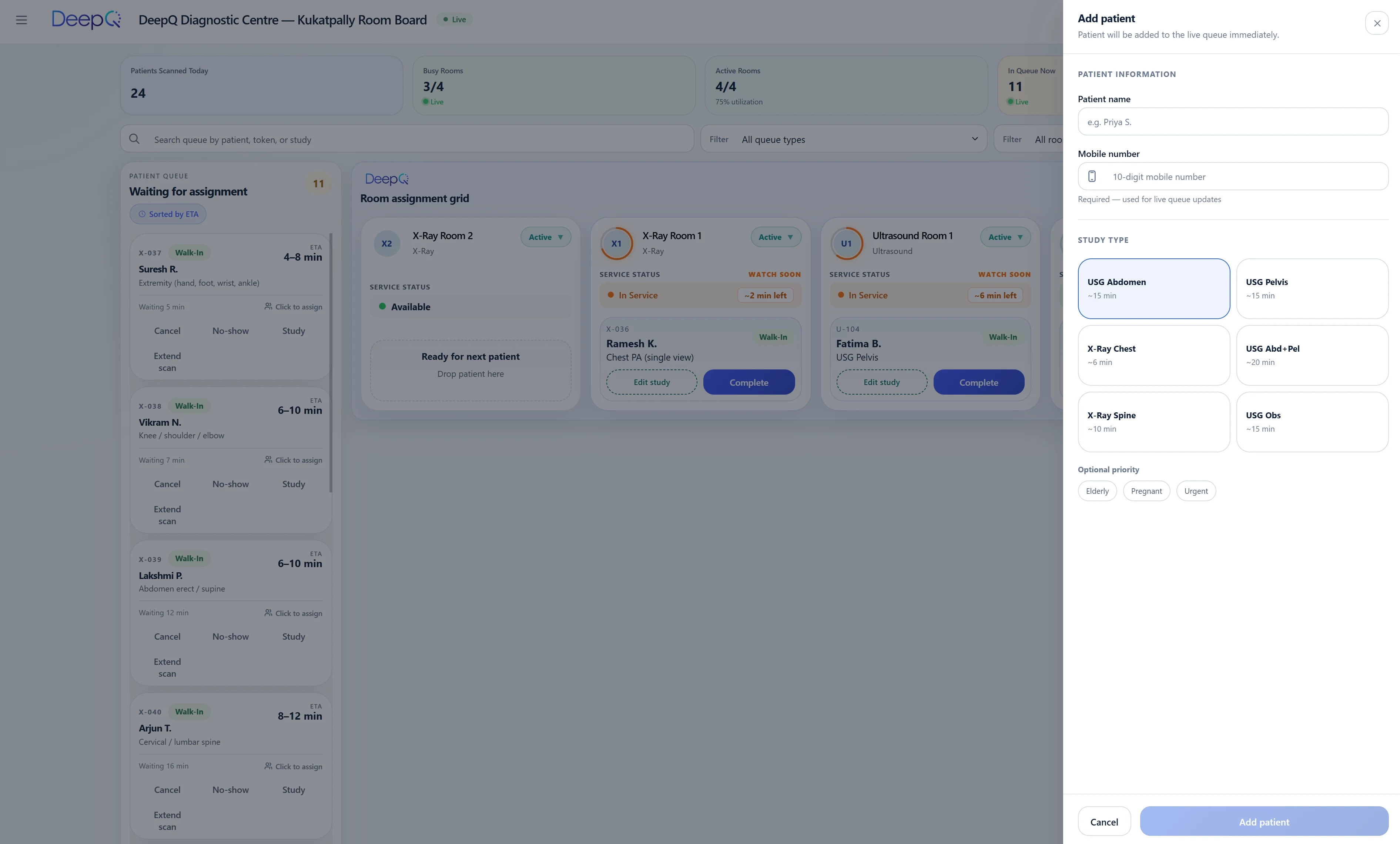 Add patient drawer showing study-type tap tiles and optional priority chips