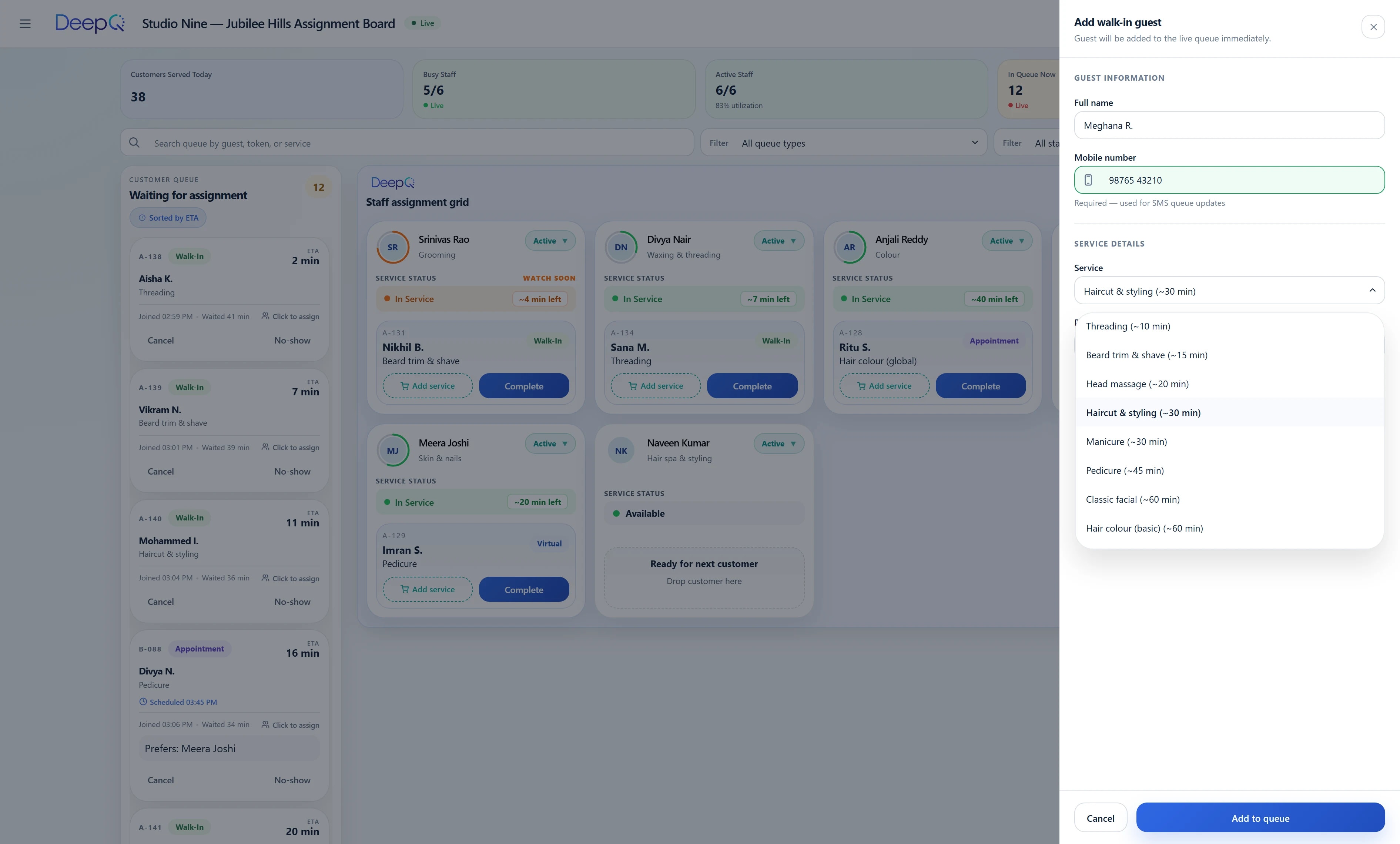 Manager adding a walk-in guest, with the service list open, while appointments already wait in the same live queue