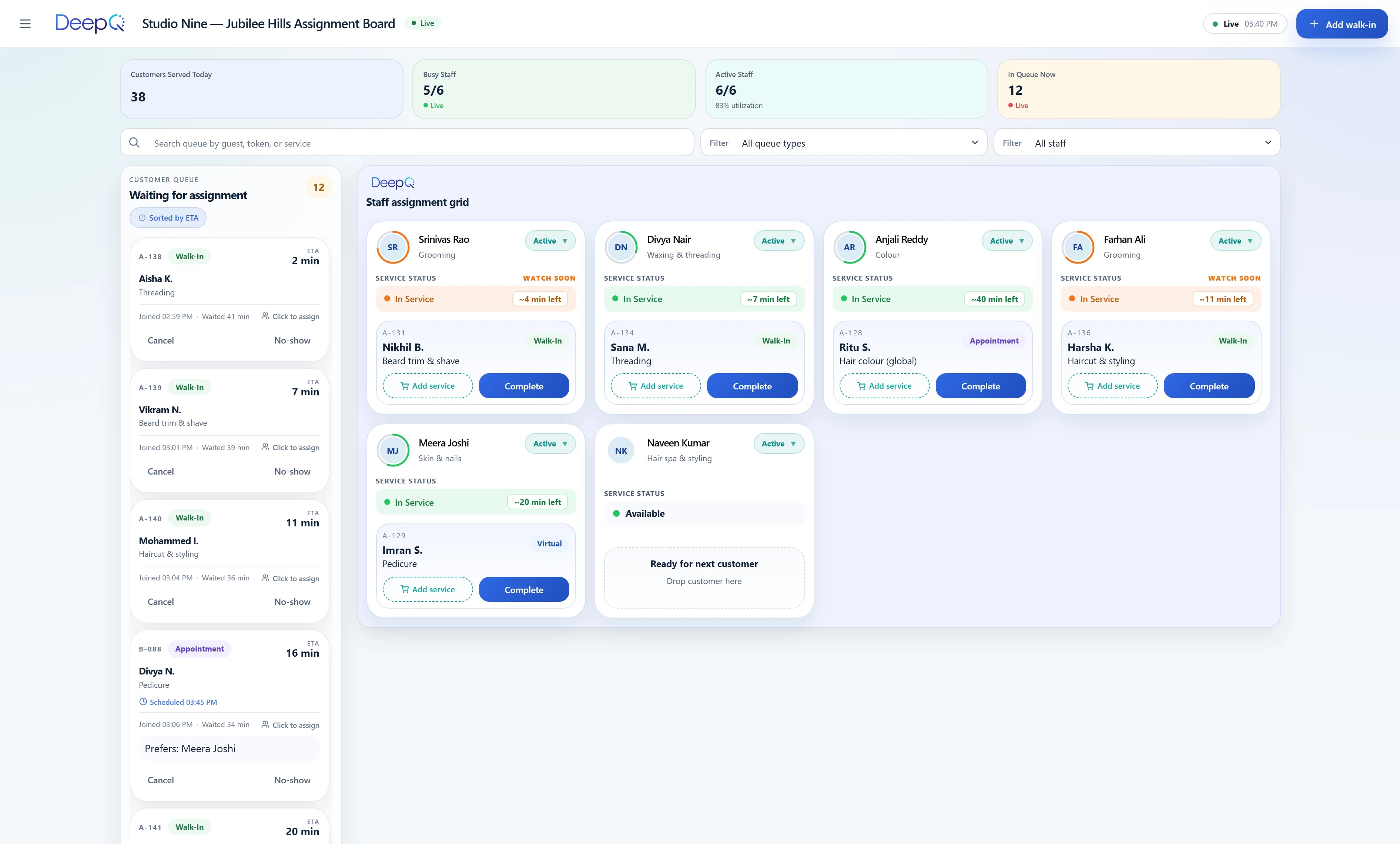 Manager floor board showing the live queue, a customer's stylist preference, and the staff assignment grid
