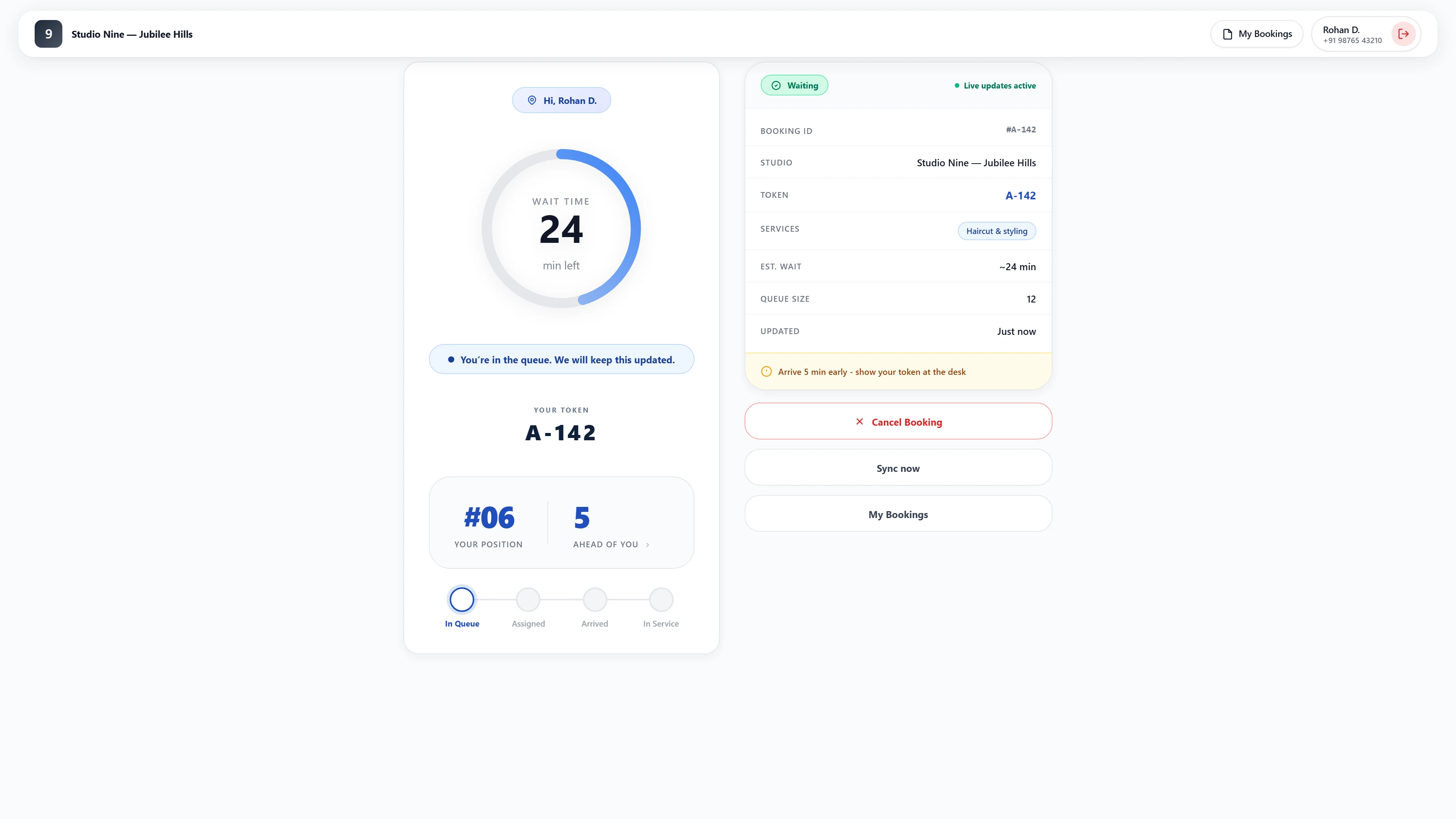 Customer live status screen showing queue position six of twelve, an estimated twenty-four minute wait, and the booking details